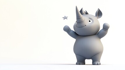 A cute, cartoonish rhinoceros character with a cheerful expression and raised arms.