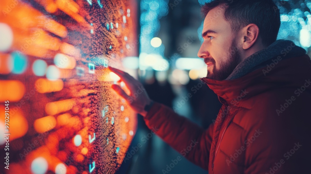 Poster a user interacts with a colorful touchscreen display glowing with neon lights in a bustling city set