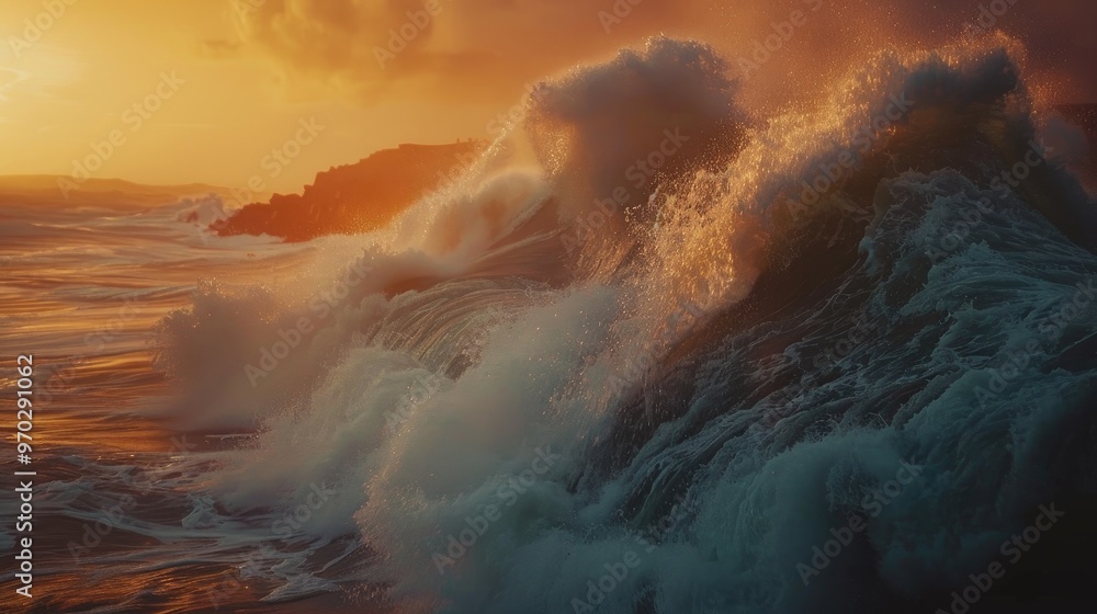 Poster intense swells on the ocean shore during a tempest