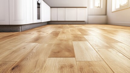 A skilled professional installs laminate wood flooring in a bright and airy kitchen, enhancing the home's interior aesthetics
