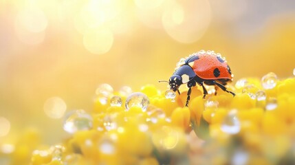 Naklejka premium A ladybug carefully moves across a yellow flower, with glistening dewdrops sparkling in the gentle sunlight of the morning