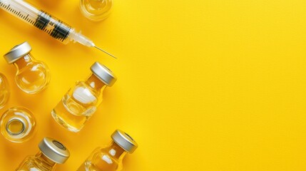Closeup View of Syringe with Liquid Medication or Vaccine Surrounded by Bottles on Yellow Background