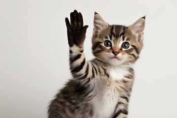 Obraz premium Cute Kitten High Five in Minimal White Background