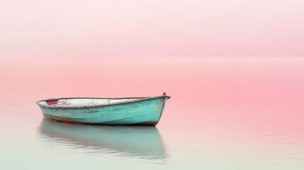 Naklejka premium A lonely rowboat floats gently on calm waters painted in soft pink tones, creating a serene and tranquil atmosphere at sunset