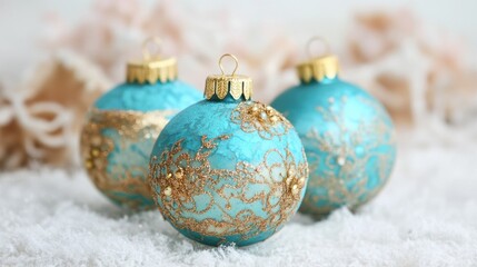 Elegant blue and gold Christmas ornaments rest on a bed of soft snow, enhancing the holiday spirit with their intricate designs