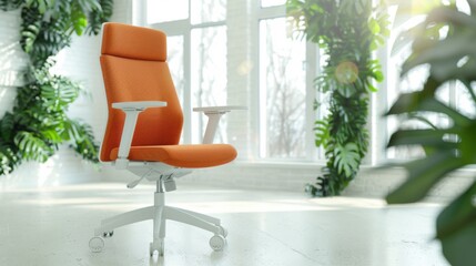 Fototapeta premium An ergonomic office chair featuring vibrant orange upholstery stands in a contemporary workspace with large windows and indoor plants