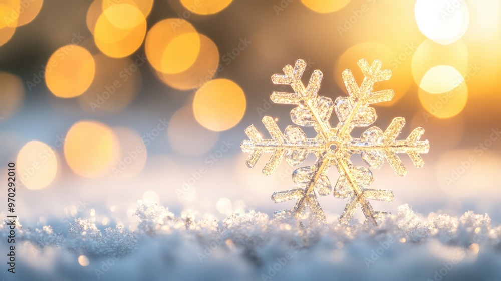 Aufkleber a snowflake rests on a surface, shimmering with golden bokeh lights in the background during a seren