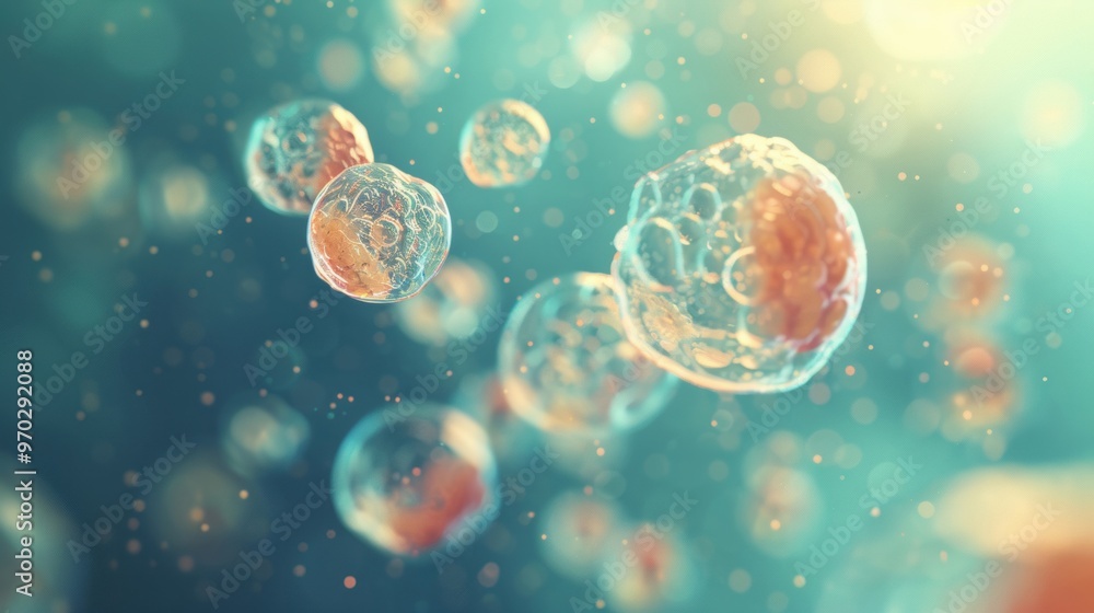 Poster floating transparent cells exhibit intricate structures and vibrant colors against a luminous backdr