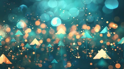 Vibrant blue arrows ascend through a rich, blurred bokeh backdrop filled with shimmering light spots, creating an engaging atmosphere