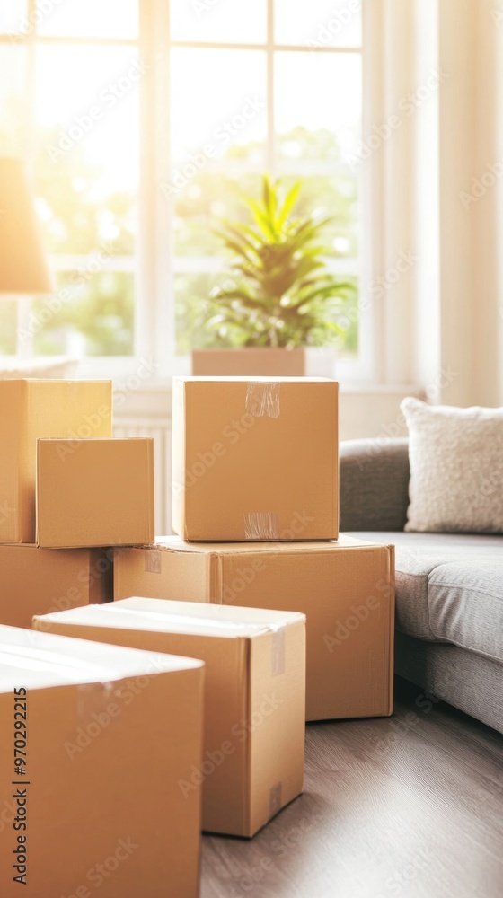 Poster the room features several moving boxes stacked around a comfortable couch with sunlight streaming in