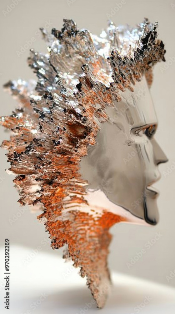Poster this sculpture presents an intriguing abstract figure, emphasizing texture and reflective surfaces c