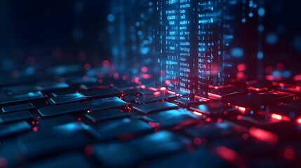 Futuristic style close-up of floodwater rising through tiles, holographic overlay showing insurance data and claims processing, glowing neon blue accents, high-tech illustration