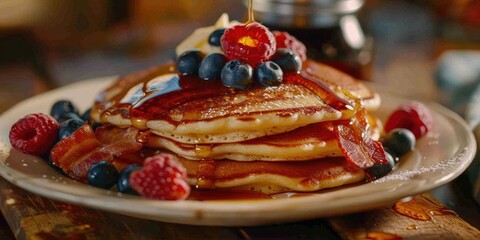 Fototapeta premium American Pancake Platter with Crispy Bacon Fresh Berries Maple Syrup and Creamy Butter