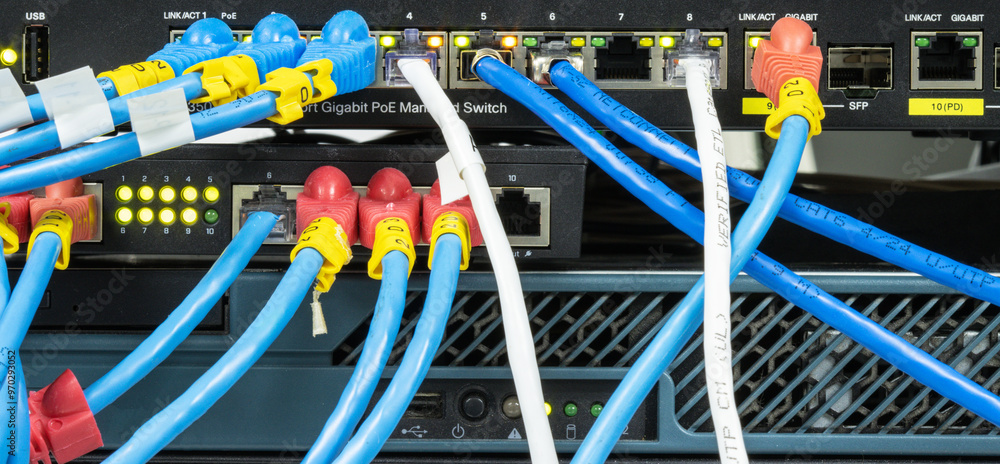 Poster network hub with lan cable connected to patch cables connected to internet data center