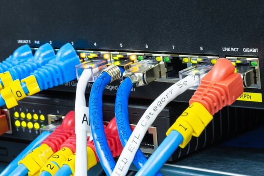 Network hub with LAN cable connected to patch cables connected to internet data center 