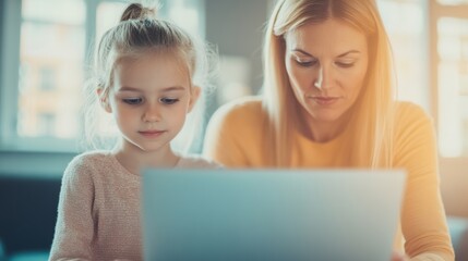 A mother and daughter are engaged with a laptop, sharing a moment of enjoyment and connection in a warm and inviting room