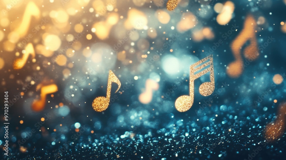 Poster floating musical notes create a magical atmosphere against a sparkling bokeh backdrop, embodying joy