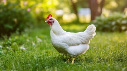 Fototapeta premium White Chicken Roaming in a Green Backyard, Highlighting the Natural Outdoor Setting and Rural Charm