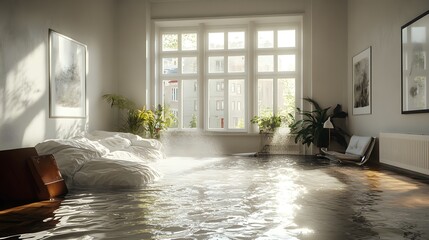 Living room filled with water as it cascades from the ceiling, soaking the space, emphasizing a critical situation for home insurance and repair claims