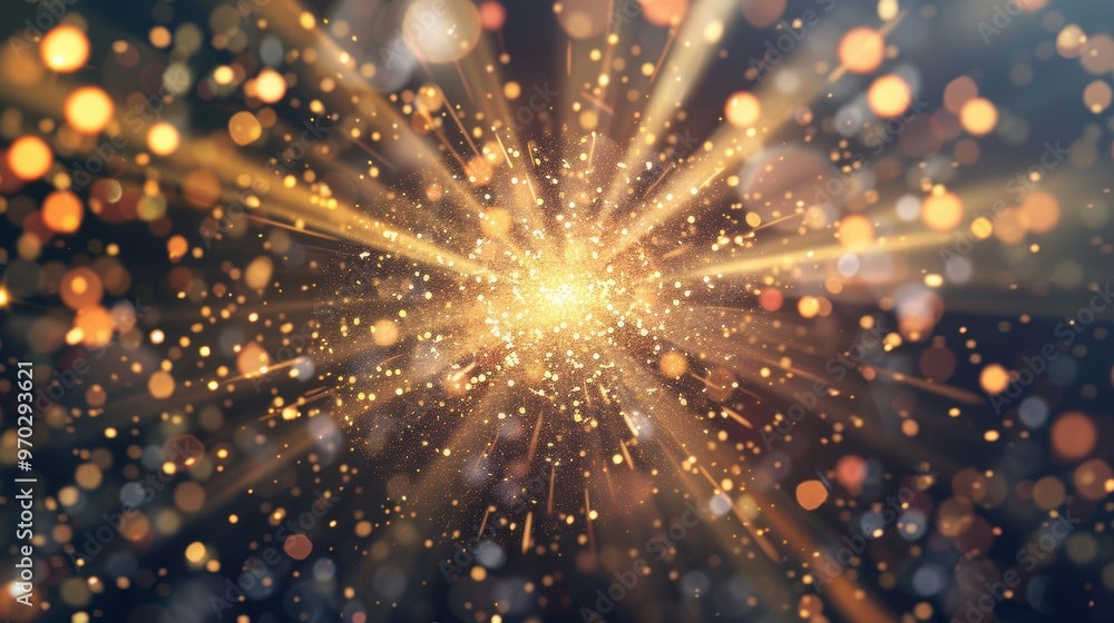 Poster a golden starburst erupts with sparkling particles, illuminating the dark background and creating a 