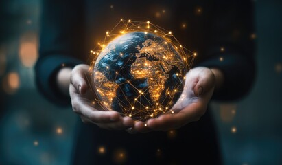 Fototapeta premium Close-up of hands holding a glowing Earth globe with a network of connections.