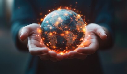 Fototapeta premium A person's hands hold a glowing globe with digital network connections, symbolizing global connectivity and technology.