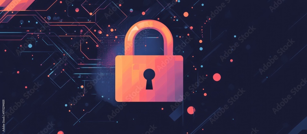 Poster cybersecurity padlock with blurred network server backdrop