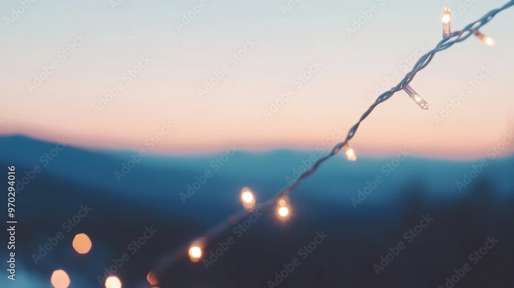 Poster twinkling outdoor string lights hang above, creating a cozy atmosphere as dusk settles with a gradie