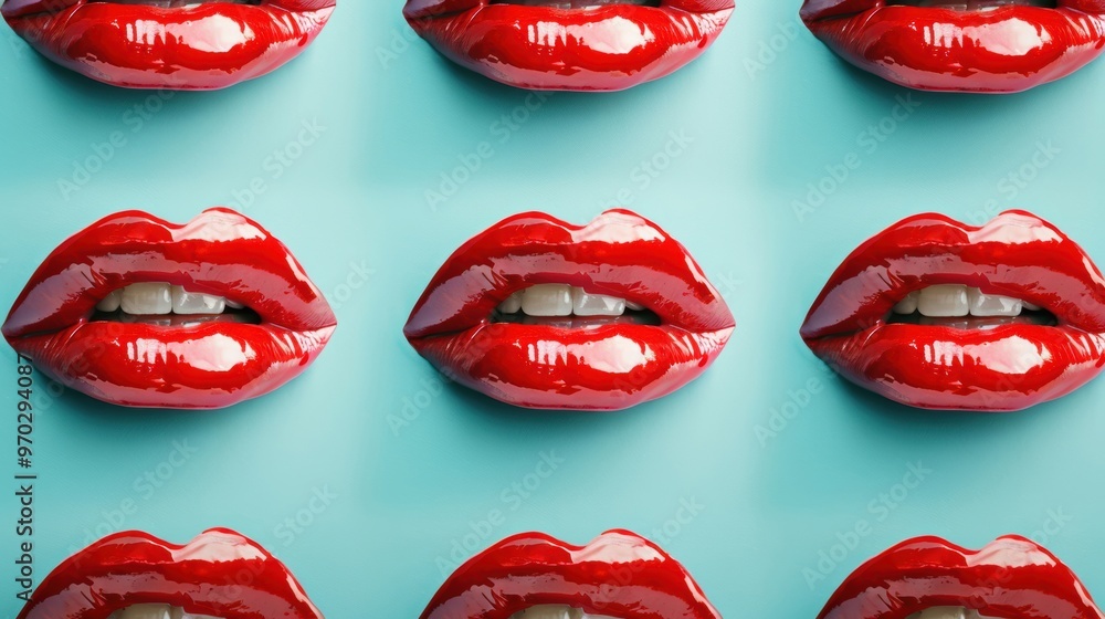 Poster a pattern features multiple bright red glossy lips against a light blue background, creating a strik