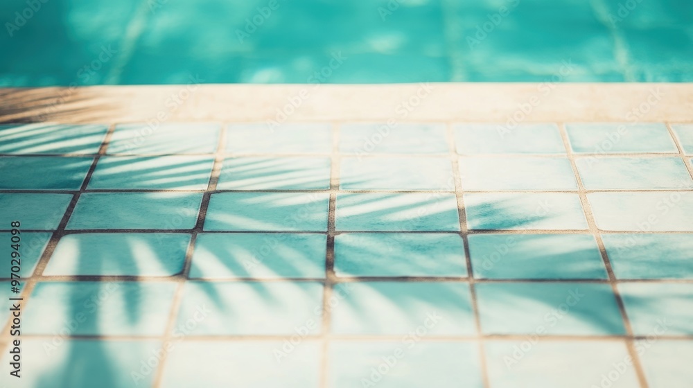 Poster palm leaf shadows create a striking pattern on vibrant tiles near a refreshing swimming pool under c