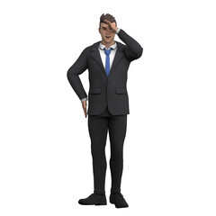 3D Legal Expert. A male lawyer stands with his hand on his head, as if he is mired in regret or guilt. Cartoon Male Lawyer