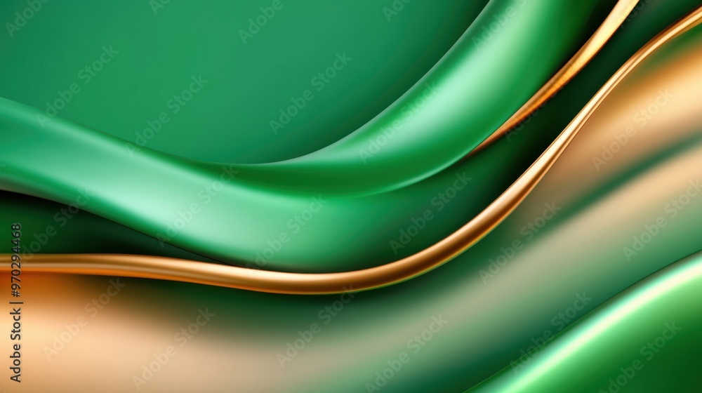 Poster the artwork showcases flowing green and gold waves that create a tranquil and sophisticated visual e