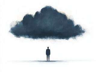 A dark storm cloud hovering over a solitary figure, conveying deep sadness, digital painting, isolated on white background