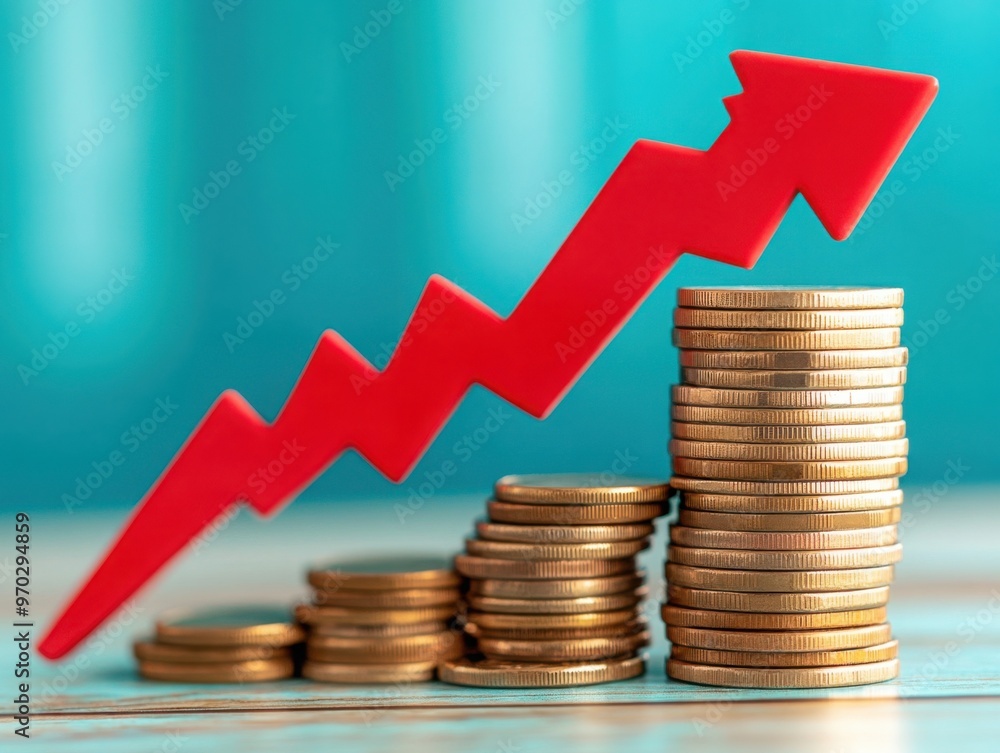 Poster stack of coins with a red downward arrow, illustrating the effect of falling interest rates on savin