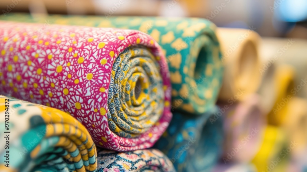 Poster rolls of colorful patterned fabric are neatly displayed in a textile shop, showcasing a variety of d