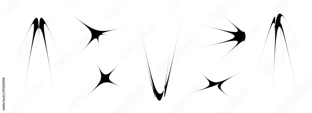 Poster Black thin quirky thorn element set. Sharp star shapes and angular sparks bundle. Spooky spokes objects for poster design, flyer, collage, banner, badge, logo, card, icon, label, sticker. Vector