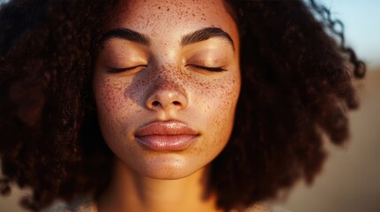 A woman stands peacefully with her eyes closed, relishing the gentle sunlight and the tranquility of a warm afternoon