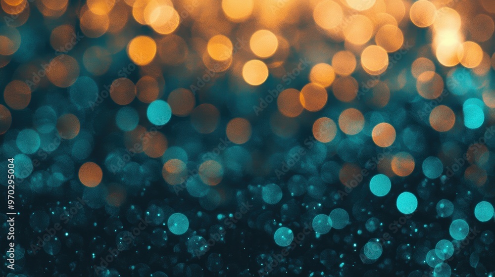 Poster soft bokeh lights in warm and cool tones blend together, illuminating the dark background with a dre