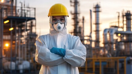 Full-Height Employee Wearing Personal Protective Equipment (PPE) in a Professional Setting, Showcasing Safety Gear and Precautionary Measures