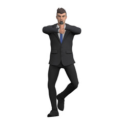 Illustrative 3D Male Lawyer. A male lawyer with both hands holding a microphone, as if furious. Legal Leader