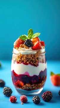 A vibrant parfait features layers of Greek yogurt, honey, and fresh berries, creating a visually stunning and nutritious treat