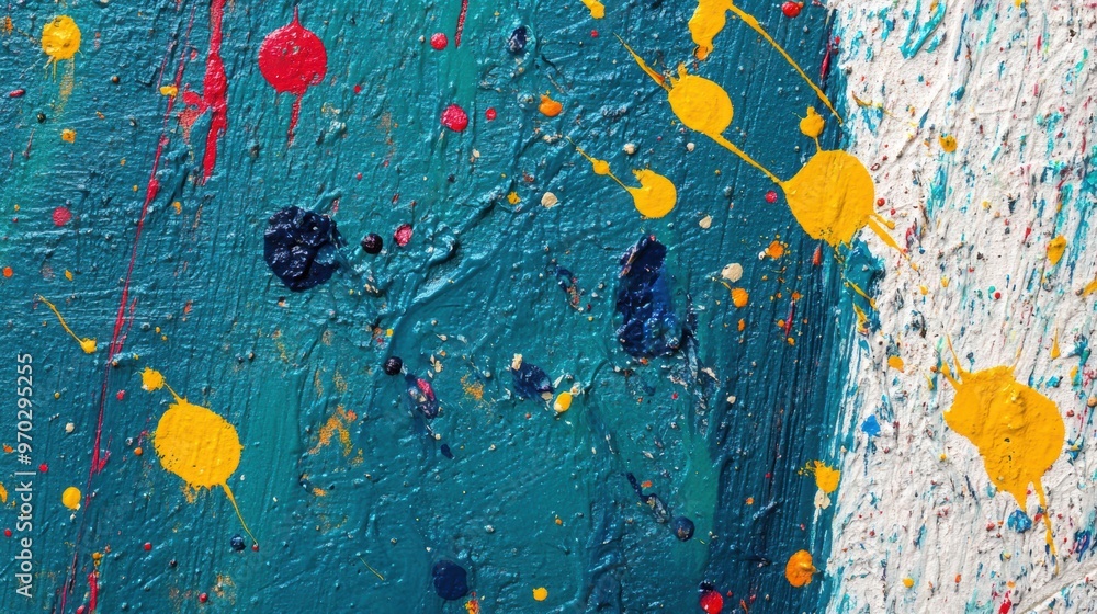 Poster dynamic layers of splattered paint create an abstract composition with bold color contrasts and text