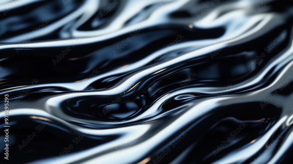 Poster the metallic liquid flows and ripples smoothly, creating reflections and waves across a glossy surfa
