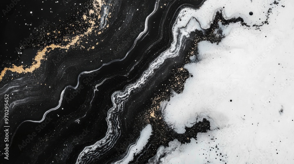Aufkleber an intricate design features a flowing black and white metallic texture with shimmering golden accen