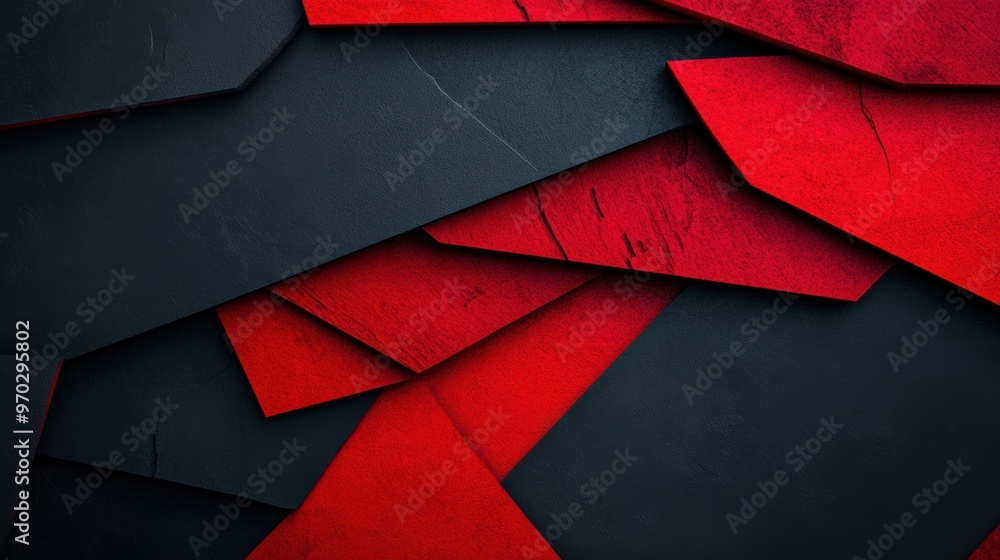 Poster layers of black and red geometric shapes create an eye-catching abstract design that emphasizes bold