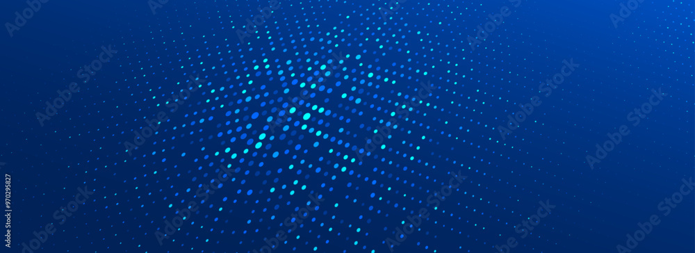 Poster glowing blue dotted texture. abstract curved round dot grid wallpaper. circle halftone pattern backg