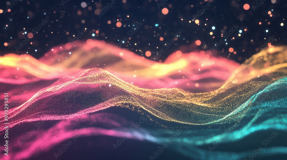 Poster flowing waves of neon light in vibrant colors create a captivating abstract design filled with shimm
