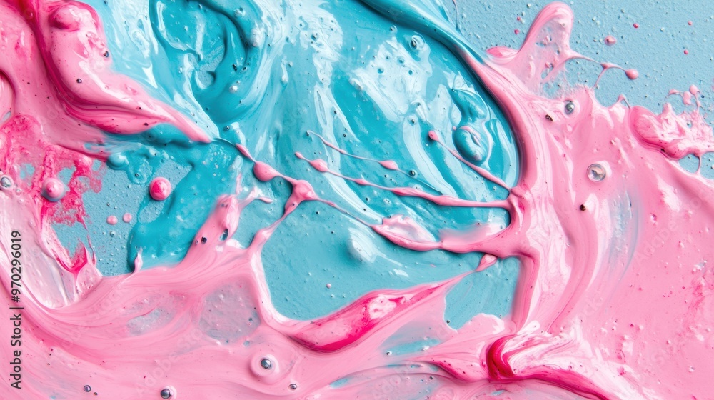 Poster a dynamic blend of blue and pink paint sprawls across a surface, creating a colorful abstract patter