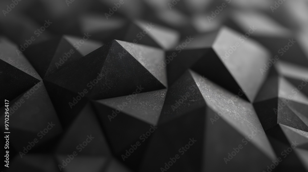 Poster dark geometric shapes form a textured surface, displaying sharp angles and subtle shadows that creat