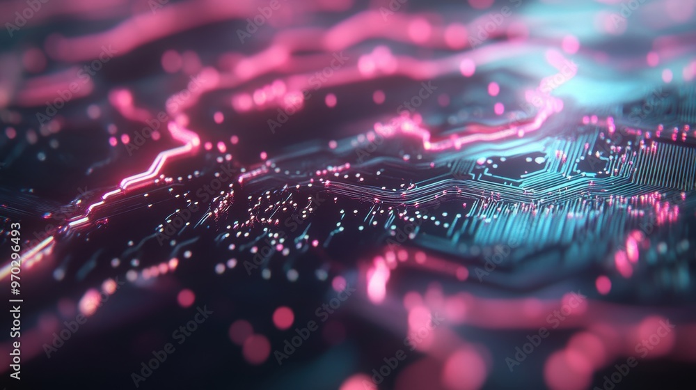 Poster vibrant neon lights illuminate an abstract circuit board design, showcasing intricate patterns and g